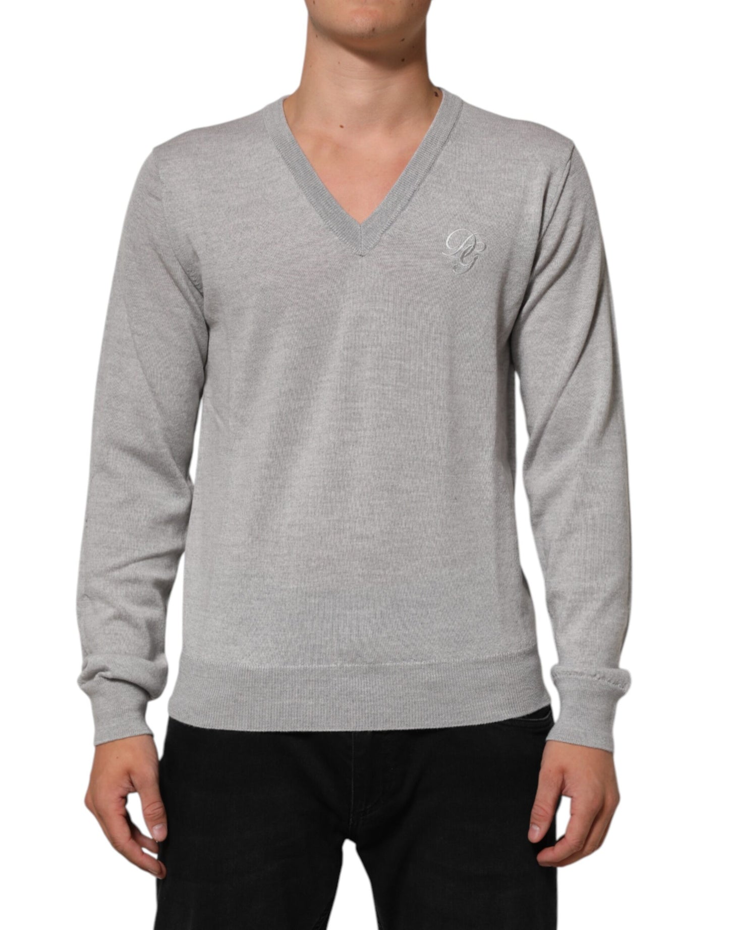 Dolce & Gabbana Gray Wool Knit Logo V-Neck Pullover Sweater