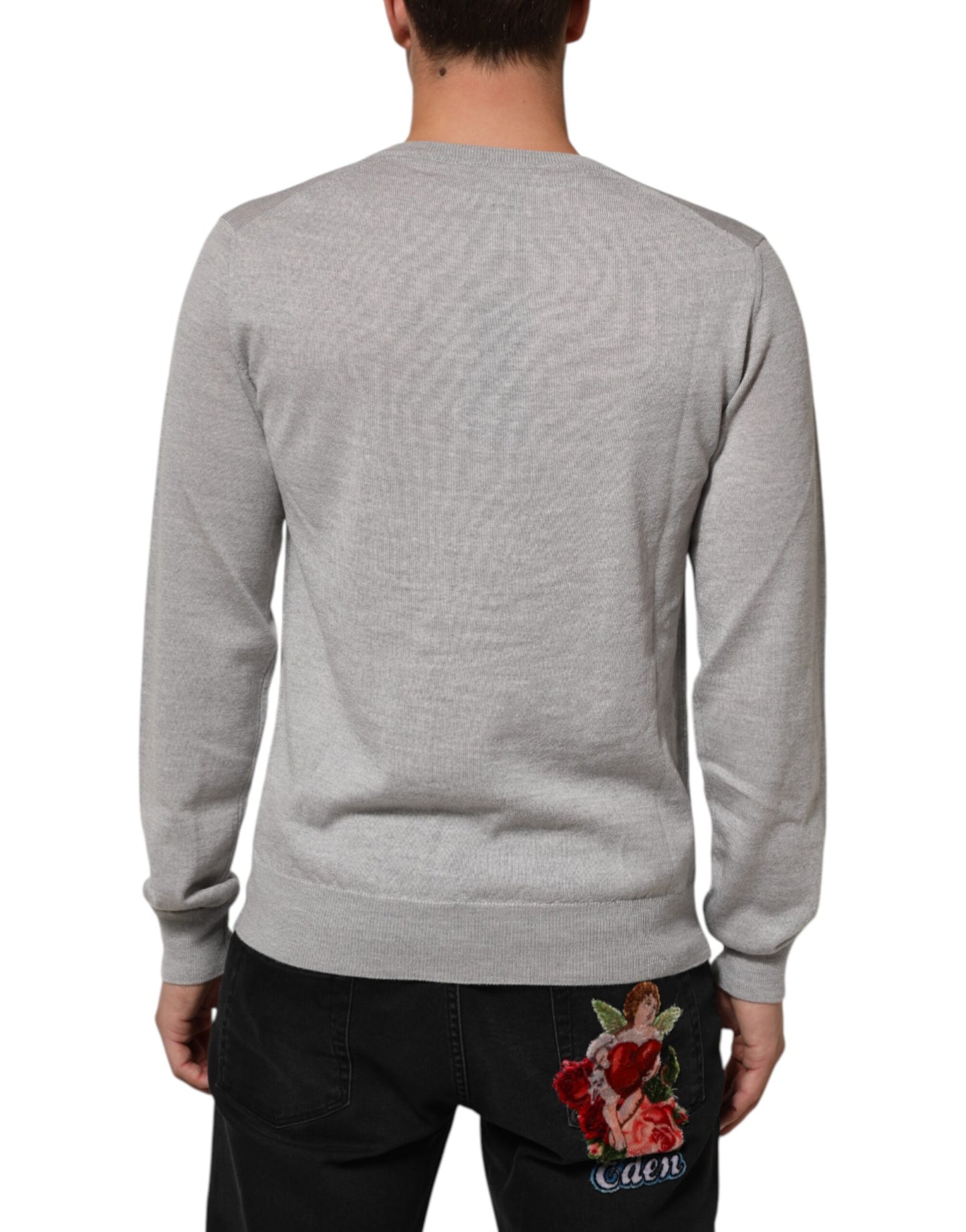 Dolce & Gabbana Gray Wool Knit Logo V-Neck Pullover Sweater
