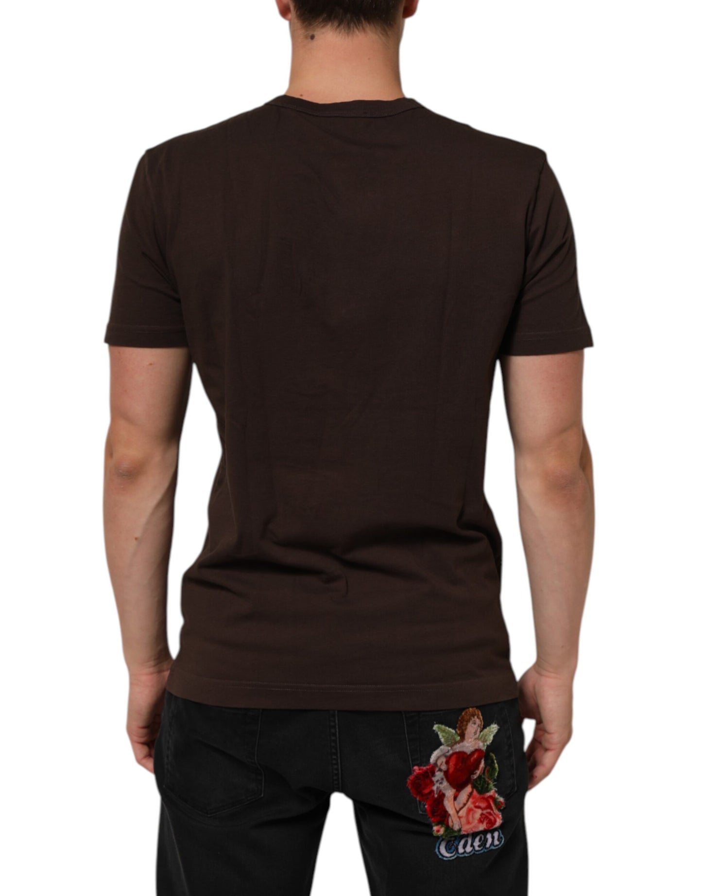 Dolce & Gabbana Brown Coin Laurel Print Men Crew Neck T-shirt