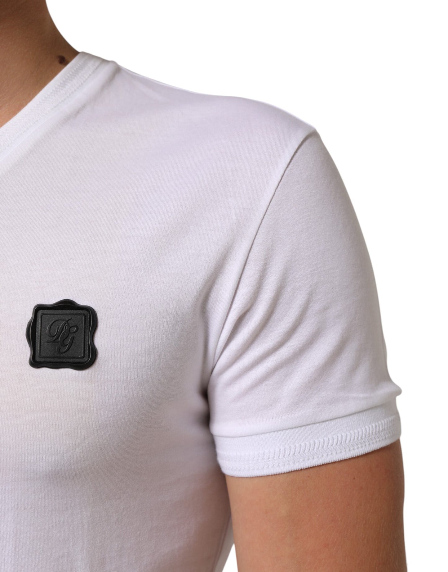 Dolce & Gabbana White Cotton Logo Patch V-neck Tee T-shirt