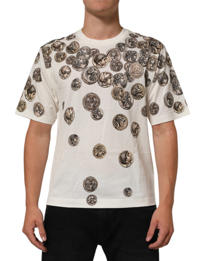 Dolce & Gabbana White Coin Print Cotton Crew Neck Men T-shirt