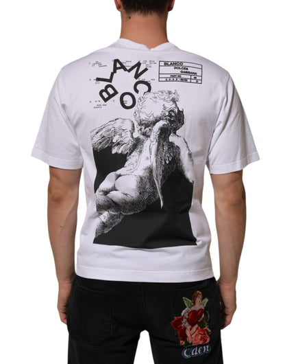 Dolce & Gabbana White Angel Print Cotton Men Crew Neck T-shirt