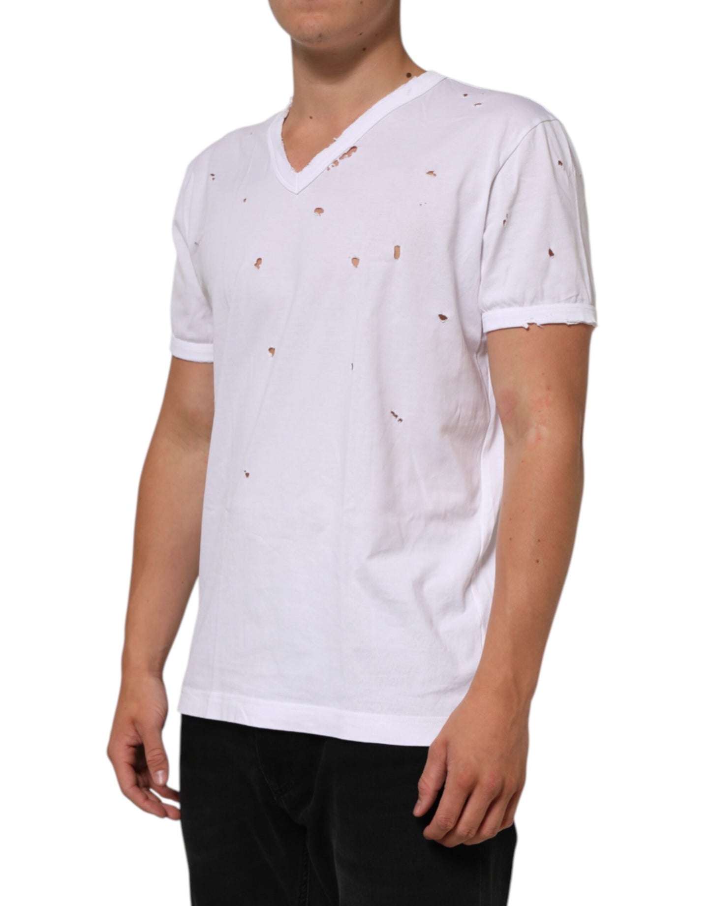 Dolce & Gabbana White Distressed Cotton V Neck Men T-shirt