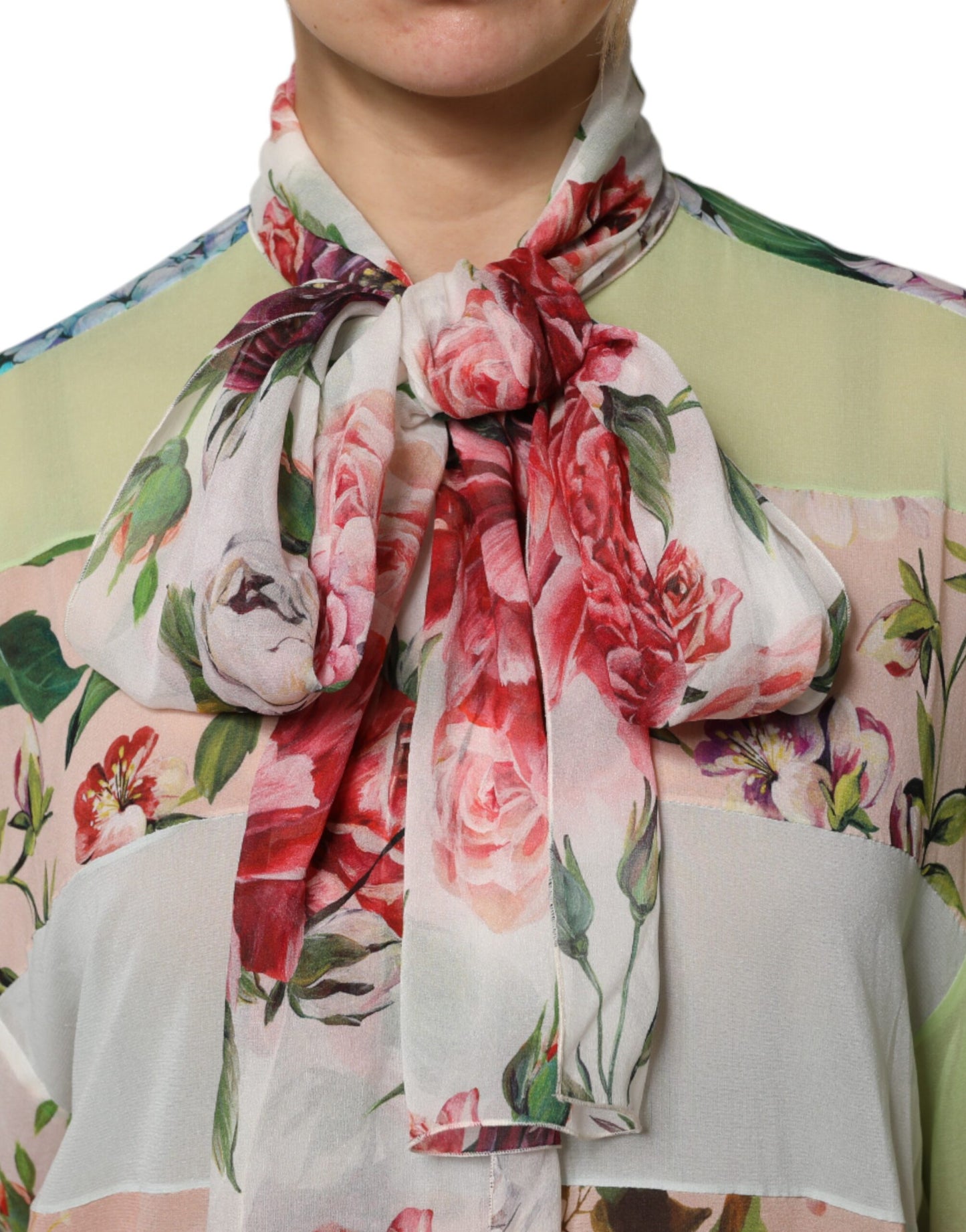 Dolce & Gabbana Multicolor Floral Patchwork Ascot Collar Top