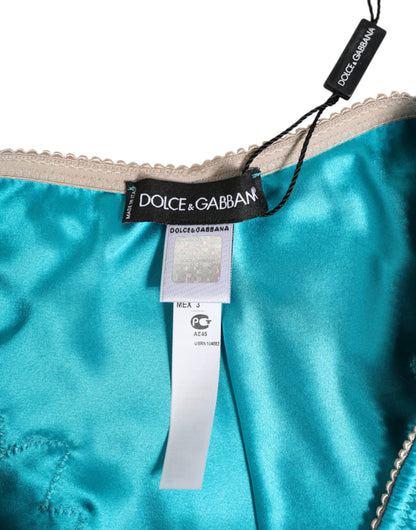 Dolce & Gabbana Blue Silk Satin Floral Lace Trim New Slip Underwear