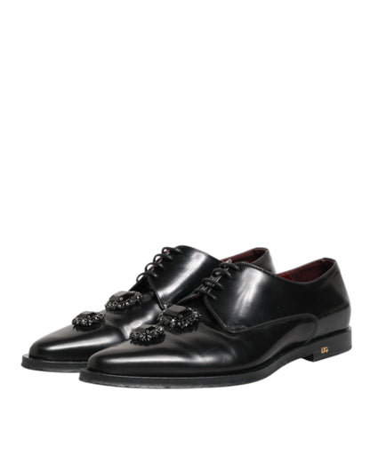 Dolce & Gabbana Black Leather Jeweled Crystals Derby Shoes