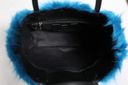 Dolce & Gabbana Blue Fur Logo Plaque Double Handle Shoulder Bag
