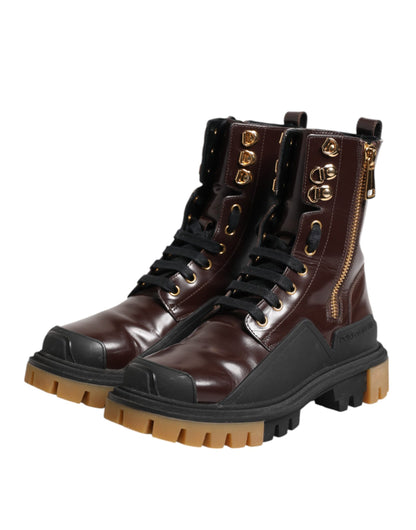 Dolce & Gabbana Maroon Leather Mid Calf Biker Boots Shoes