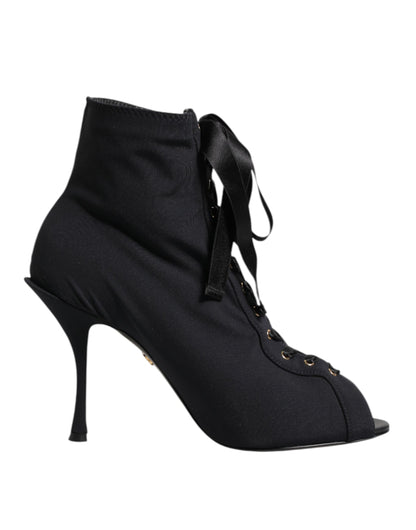 Dolce & Gabbana Black Stiletto Heels Lace Up Boots Shoes