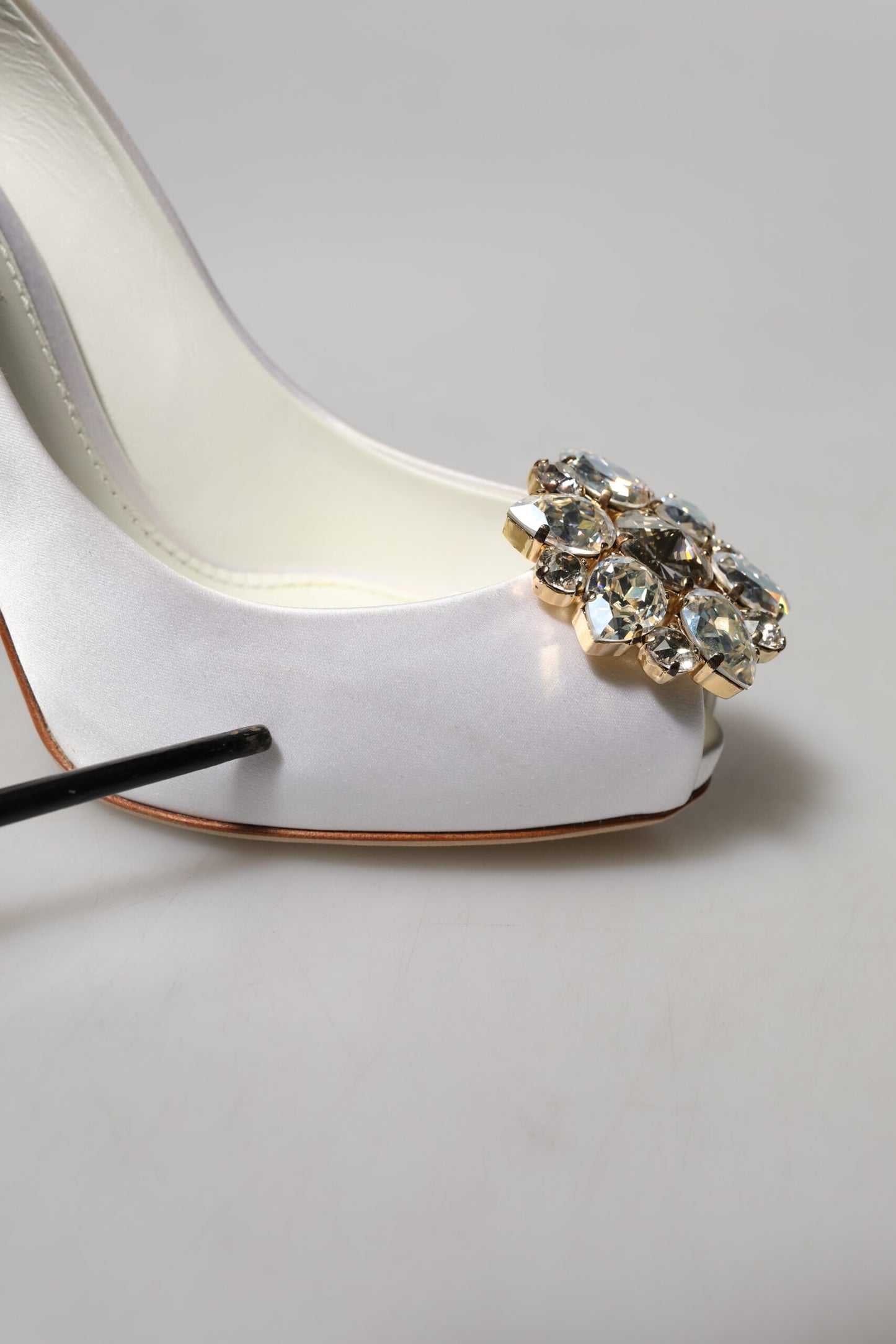 Dolce & Gabbana White Crystals Peep Toe Satin Pumps Shoes
