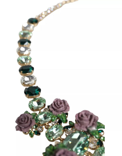 Dolce & Gabbana Gold Brass Link Chain Rose Petal Crystal Necklace