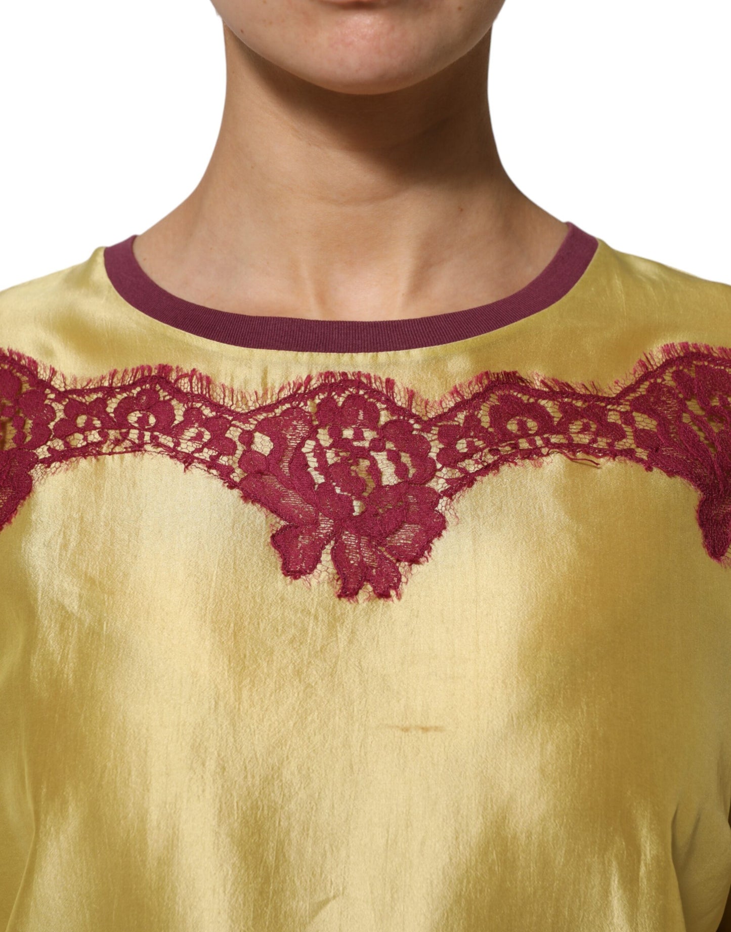 Dolce & Gabbana Yellow Silk Satin Floral Lace Short Sleeves Top