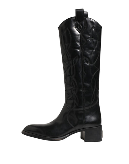 Dolce & Gabbana Black Leather Over The Calf Biker Boots Shoes