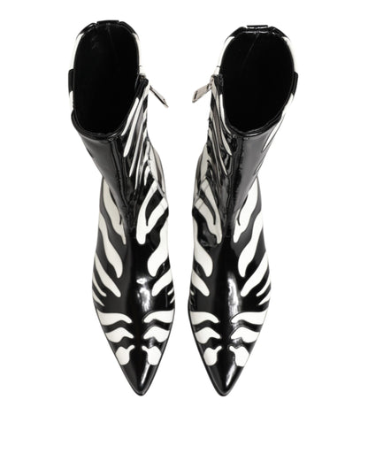 Dolce & Gabbana Black White Zebra Leather Mid Calf Boots Shoes