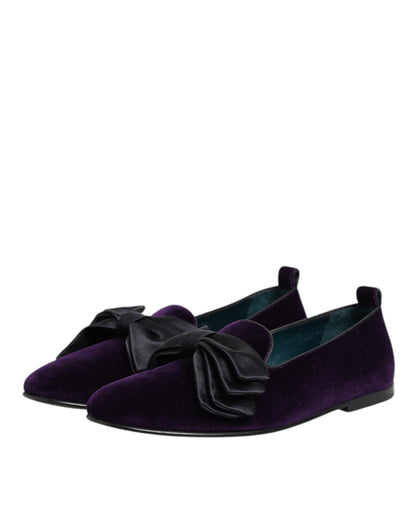 Dolce & Gabbana Purple Suede Cotton Bow Slip On Loafers Shoes