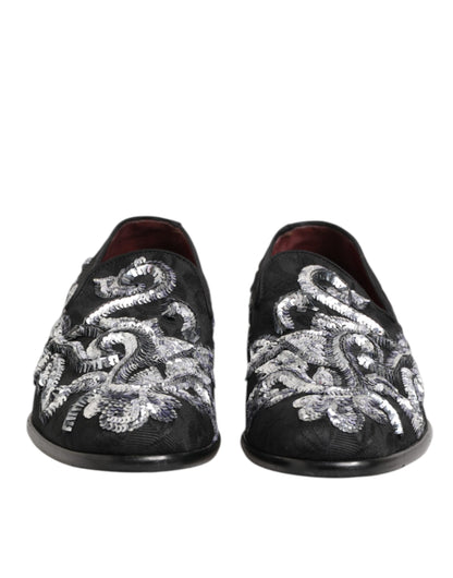 Dolce & Gabbana Black Silver Sequined Loafers Men Dress Shoes