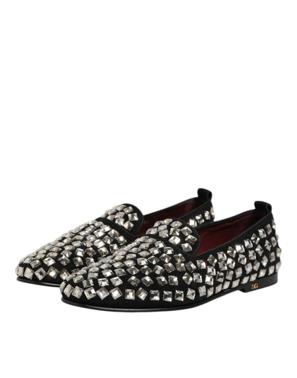 Dolce & Gabbana Black Suede Crystals Loafers Men Dress Shoes