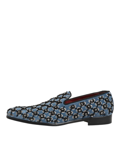 Dolce & Gabbana Blue Velvet Crystal Detailing Loafer Men Shoes