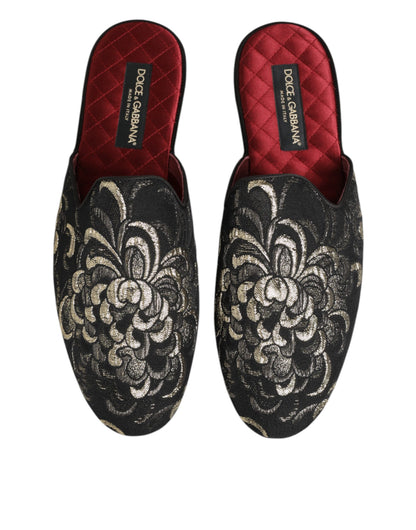 Dolce & Gabbana Black Floral Jacquard Slides Slippers Shoes