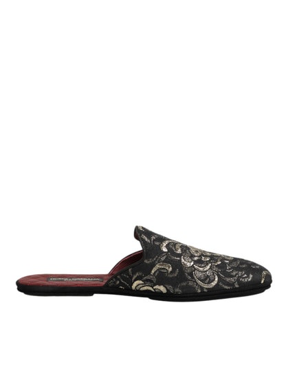 Dolce & Gabbana Black Floral Jacquard Slides Slippers Shoes