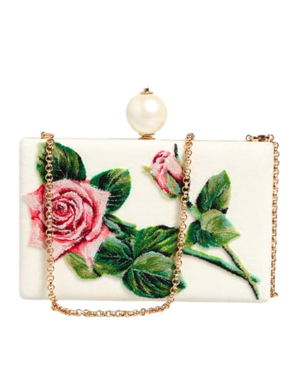 Dolce & Gabbana White Rose Embroidery Silk Gold Frame Clutch Purse Bag
