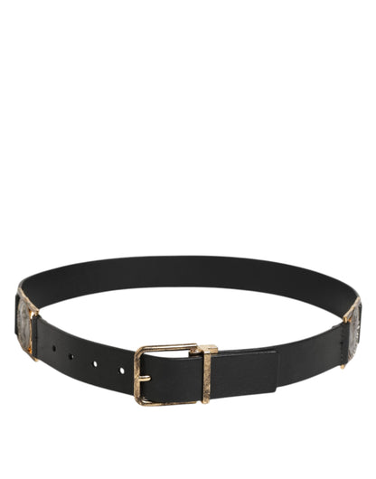 Dolce & Gabbana Black Leather Gold Silver Coin Buckle Belt
