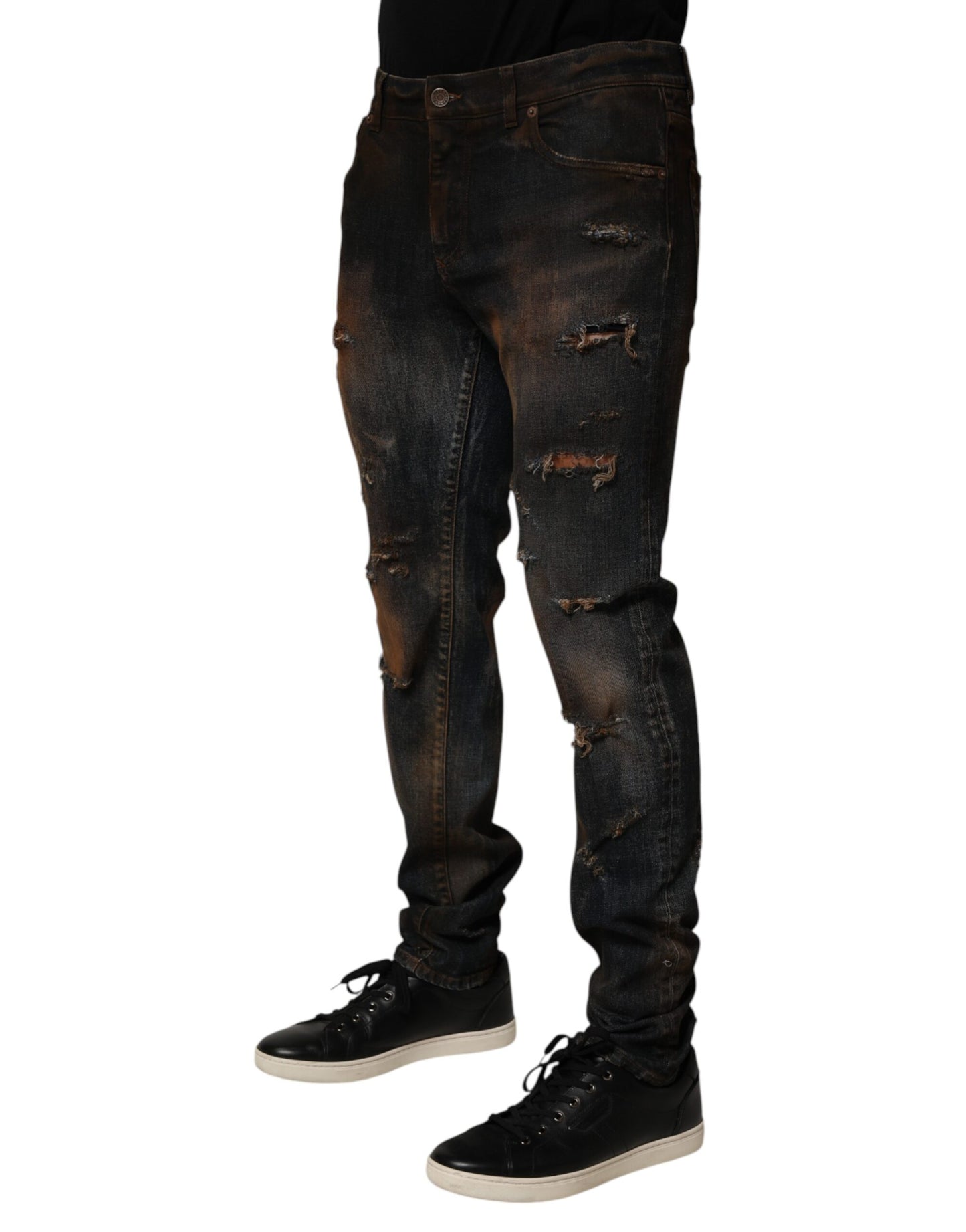 Dolce & Gabbana Black Cotton Skinny Tattered Men Denim Jeans