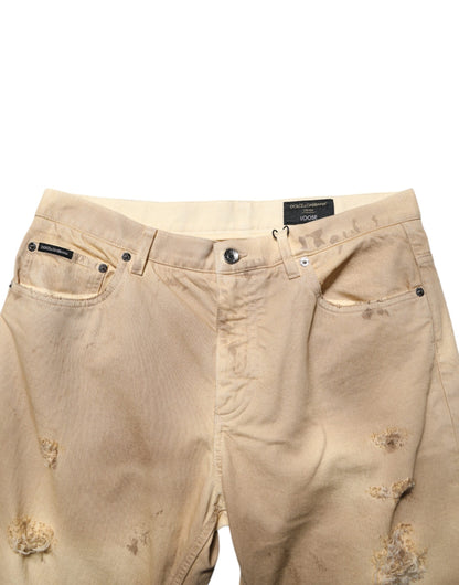 Dolce & Gabbana Beige Cotton Loose Tattered Men Denim Jeans