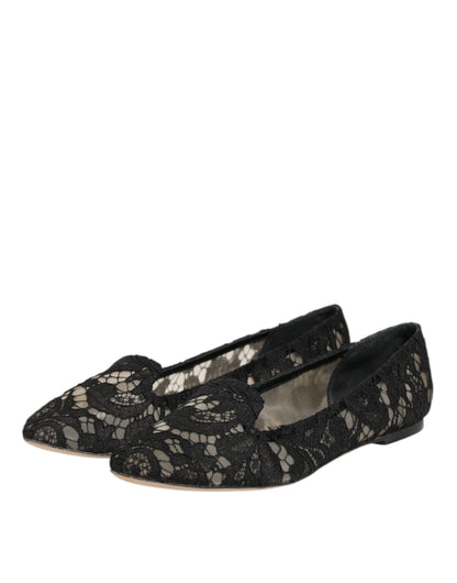 Dolce & Gabbana Black Taormina Lace Slip On Flats Shoes