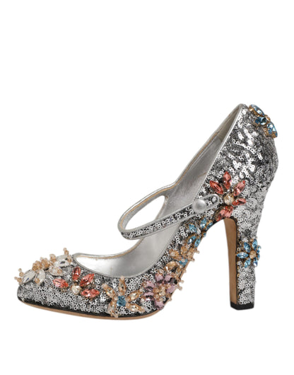 Dolce & Gabbana Silver Sequin Crystal Mary Janes Pumps Shoes