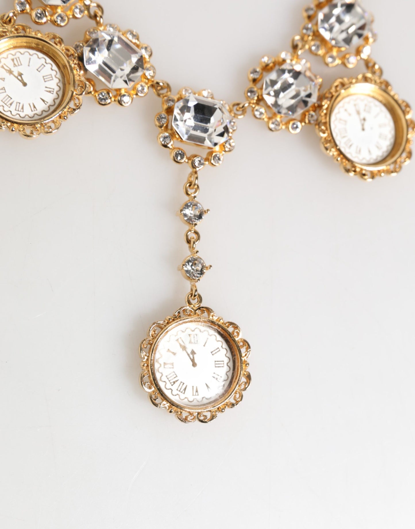 Dolce & Gabbana Gold Crystal Clock Pendant Statement Jewelry Necklace