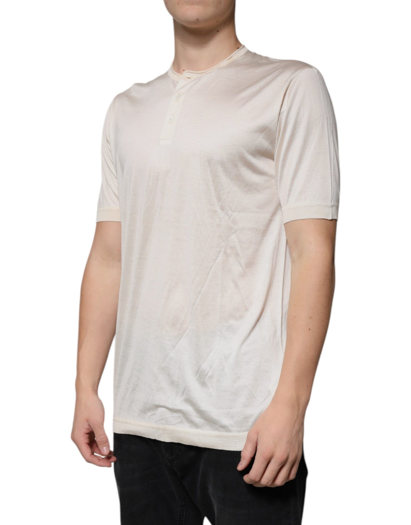 Dolce & Gabbana Off White Silk Henley Short Sleeves T-Shirt