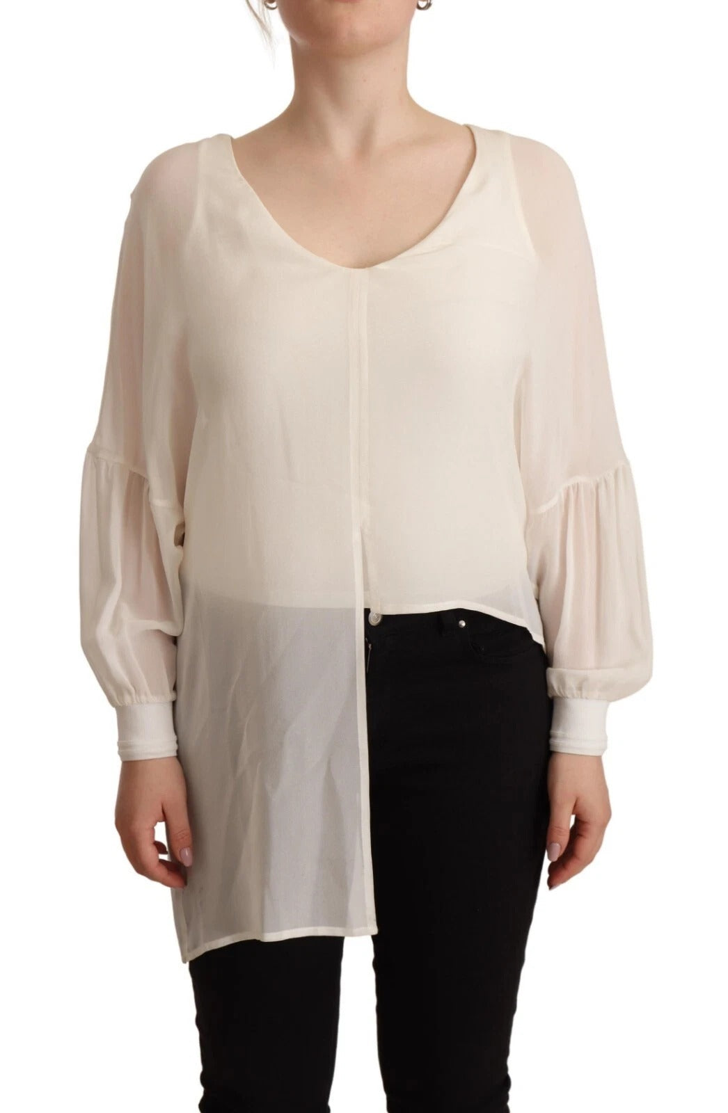 Patrizia Pepe Off White Silk Long Sleeves Deep Vneck Top