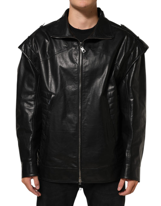 Dolce & Gabbana Black Leather Full Zip Biker Blouson Jacket