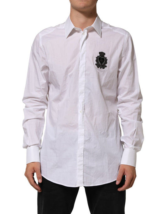 Dolce & Gabbana White Cotton MARTINI DG Patch Dress Shirt