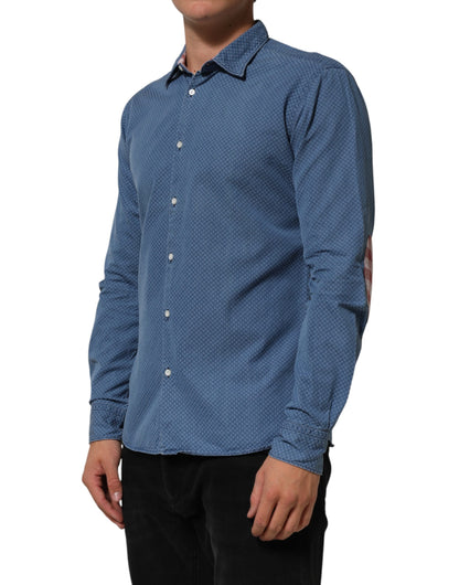 AGLINI Blue Denim Slim Fit Collared Long Sleeve Casual Shirt