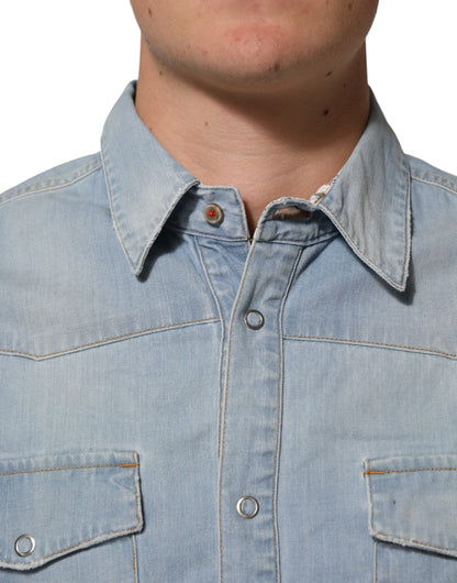Maison Clochard Blue Denim Collared Long Sleeve Men Shirt