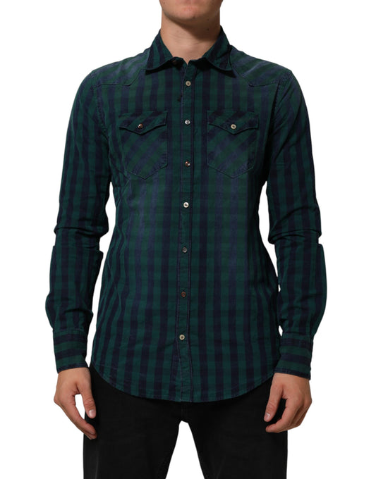 AGLINI Green Checkered Cotton Button Down Long Sleeves Shirt