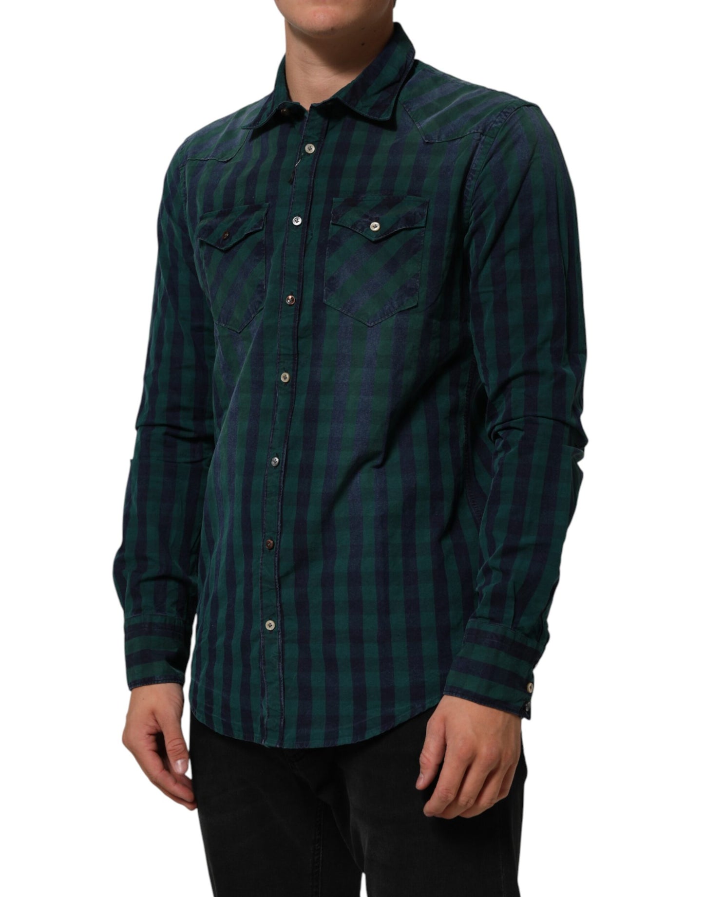 AGLINI Green Checkered Cotton Button Down Long Sleeves Shirt