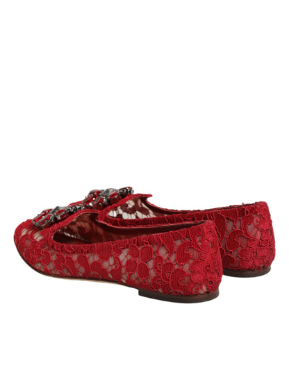 Dolce & Gabbana Red Lace Crystal Ballet Flats Loafers Shoes