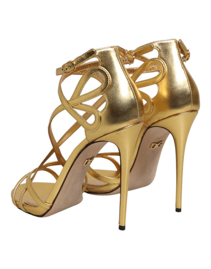 Dolce & Gabbana Gold Leather Keira Heels Sandals Shoes