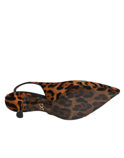 Dolce & Gabbana Brown Leopard Calfskin Fur Slingbacks Shoes