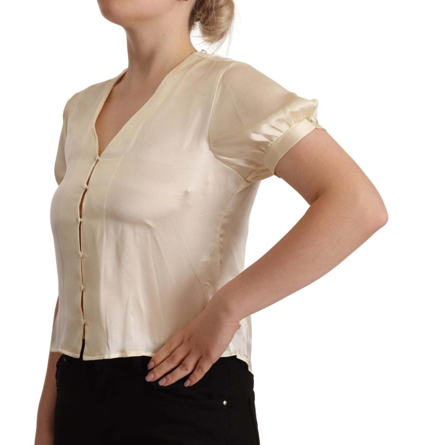 L'Autre Chose Blouse Off White Silk Short Sleeves V-neck Top