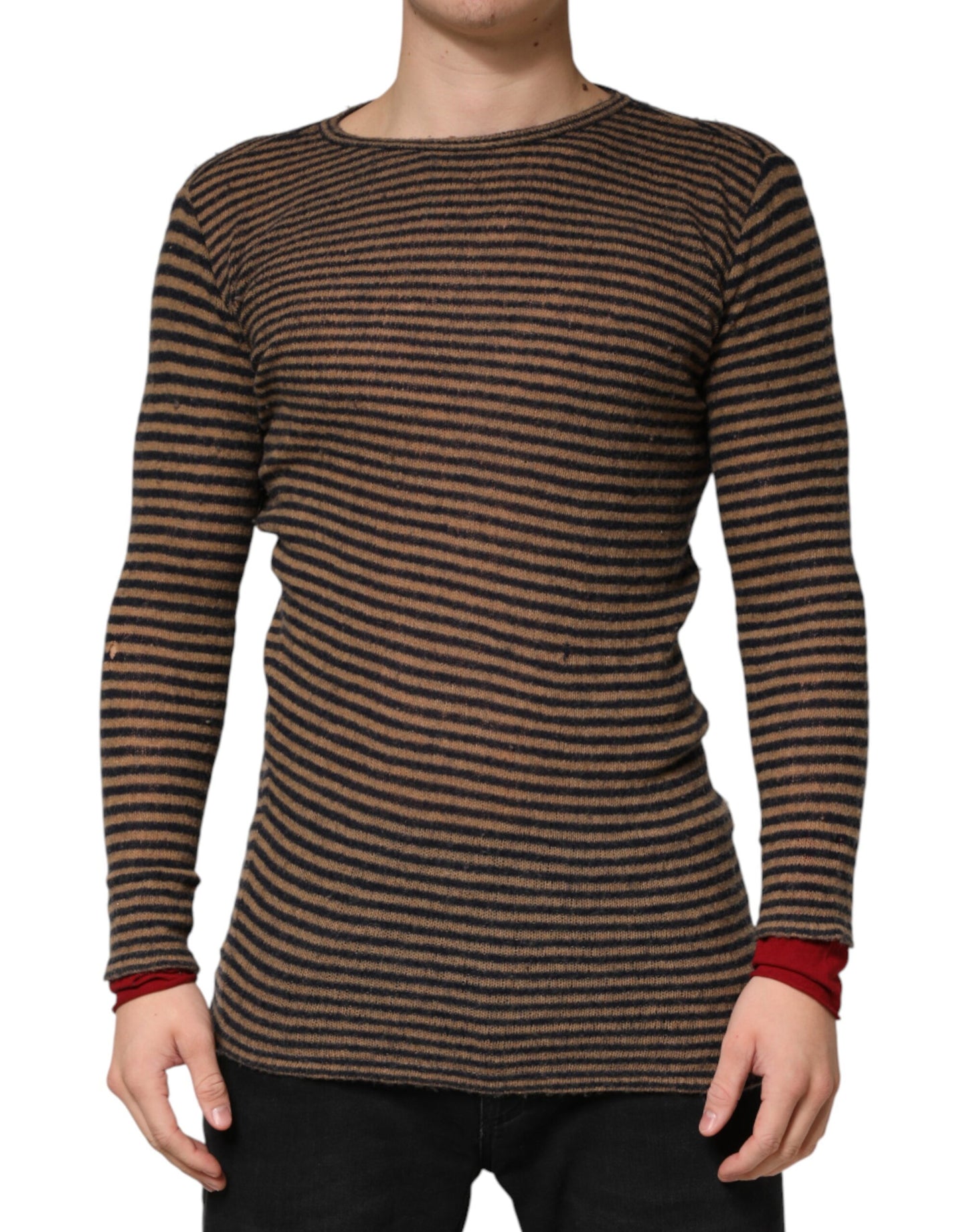 Daniele Alessandrini Brown Black Stripes Wool Crew Neck Pullover Sweater