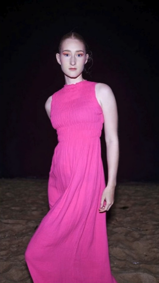 735 Alber Gathered Dress in Organic Cotton Muslin     Fluorescent pink